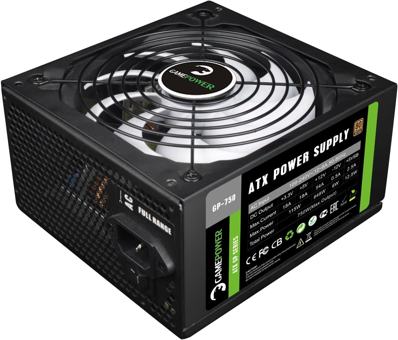 GamePower Gp-750 PC Power Supply Unit: 750W, 80 plus Bronze Certified, 85% Efficiency, Single +12V Rail, Low Noise 14 CM Fan, Ideal for Gaming Pcs, Desktops, ATX, Micro ATX Desktop Computer - Black