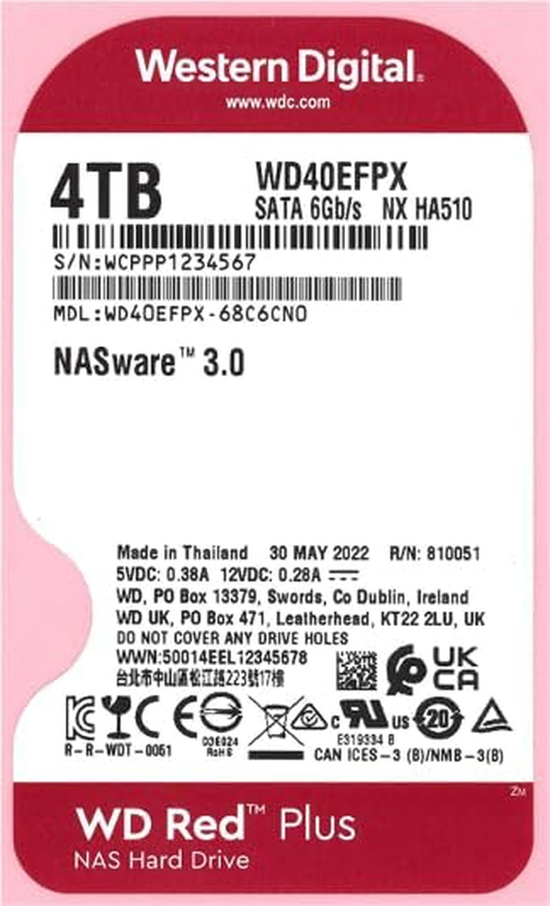 WD 4TB Red plus NAS Internal Hard Drive HDD - 5400 RPM, SATA 6 Gb/S, CMR, 256 MB Cache, 3.5" -WD40EFPX