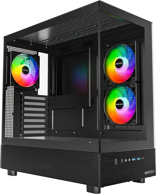 MONTECH XR, ATX Mid-Tower PC Gaming Case, 3 X 120Mm ARGB PWM Fans Pre-Installed, Full-View Dual Tempered Glass Panel, Wood-Grain Design I/O Interface, Support 4090 Gpus, 360Mm Radiator Support, Black