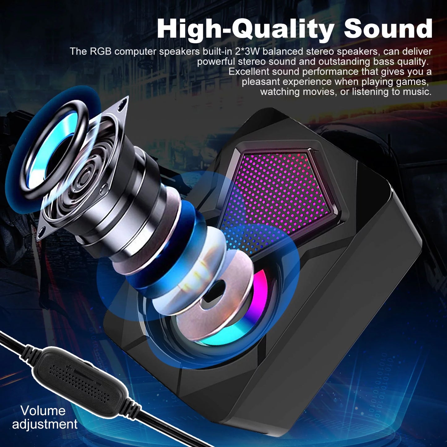 Gaming Computer Pc Speakers 2.0 Stereo RGB With Surround Bass 7 Colors LED Lights Usb-Powered 3.5Mm Wired 