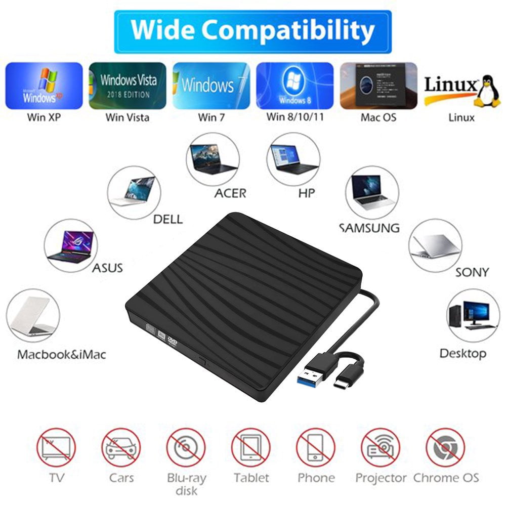 External DVD Drive,  USB 3.0 Type-C Portable CD/DVD+/-RW Drive/Dvd Player for Laptop, CD Burner Compatible with Desktop PC Laptop Windows Linux OS Apple Mac