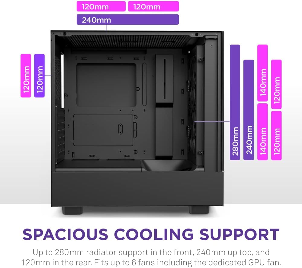 NZXT H5 Flow Compact ATX Mid-Tower PC Gaming Case – High Airflow Perforated Tempered Glass Front/Side Panel – Cable Management – 2 X 120Mm Fans Included – 280Mm Radiator Support – Black