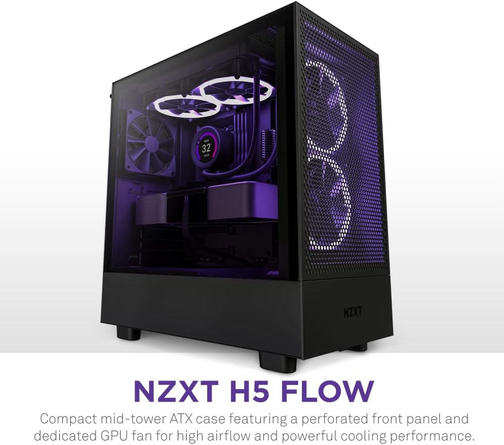 NZXT H5 Flow Compact ATX Mid-Tower PC Gaming Case – High Airflow Perforated Tempered Glass Front/Side Panel – Cable Management – 2 X 120Mm Fans Included – 280Mm Radiator Support – Black