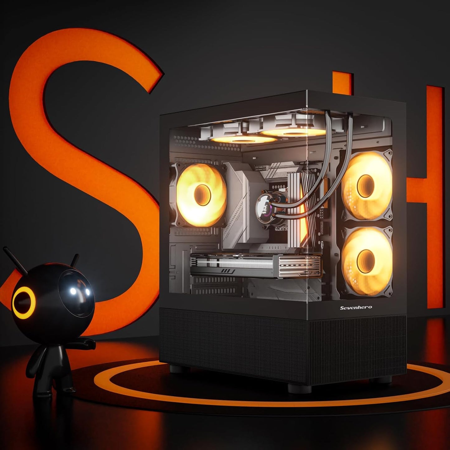 Sevenhero EMBL Micro-Atx Gaming Computer Case, Matx PC Case, Chassis with 3X 120Mm ARGB Fans, Dual-Chamber Design, Supports 280Mm Radiators, 330Mm GPU, Panoramic Tempered Glass Panels, Black