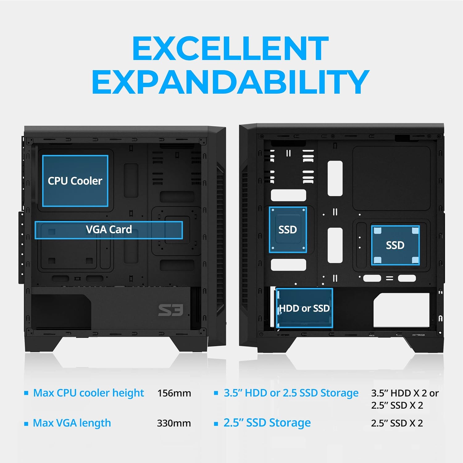 Zalman- S3 - ATX Mid-Tower PC Case - Full Acrylic Side Panel - 3X Case Fan 120Mm Pre-Installed, Black