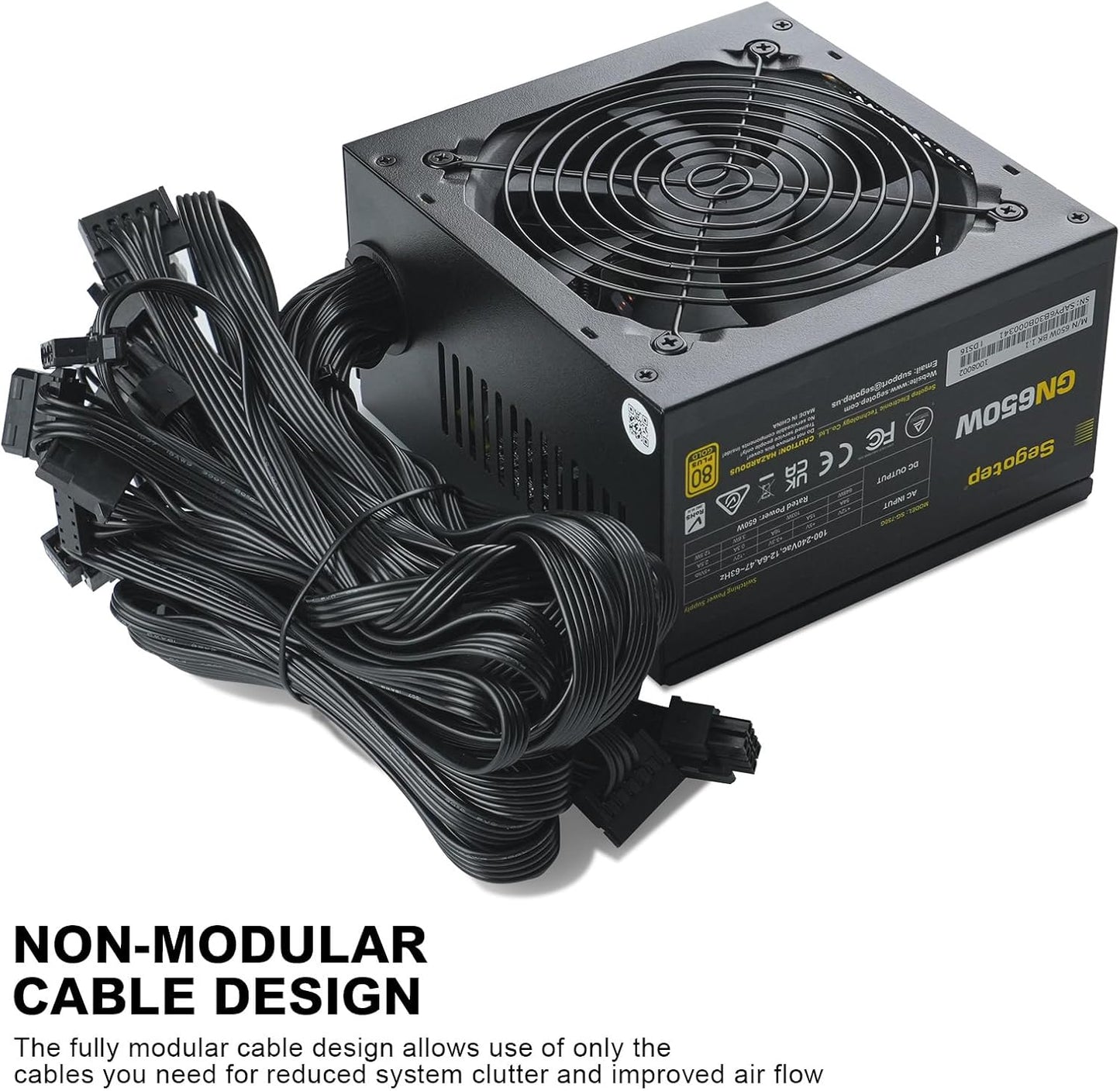 Segotep 650W 80 plus Gold Certified Non-Modular ATX Power Supply with 6+2 Pin Connectors PFC Protection and Rohs Compliance, 120Mm Silent Fan Gaming PSU GN-650 Black