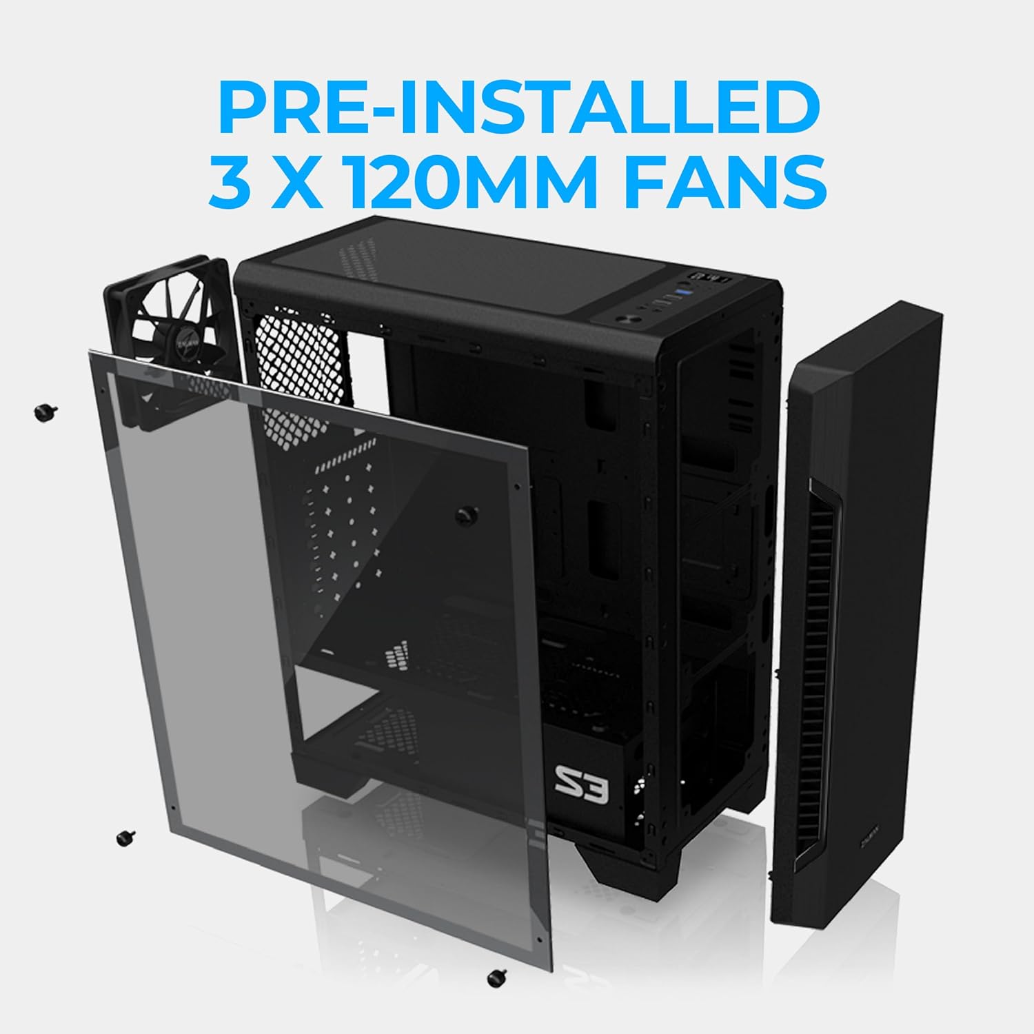 Zalman- S3 - ATX Mid-Tower PC Case - Full Acrylic Side Panel - 3X Case Fan 120Mm Pre-Installed, Black