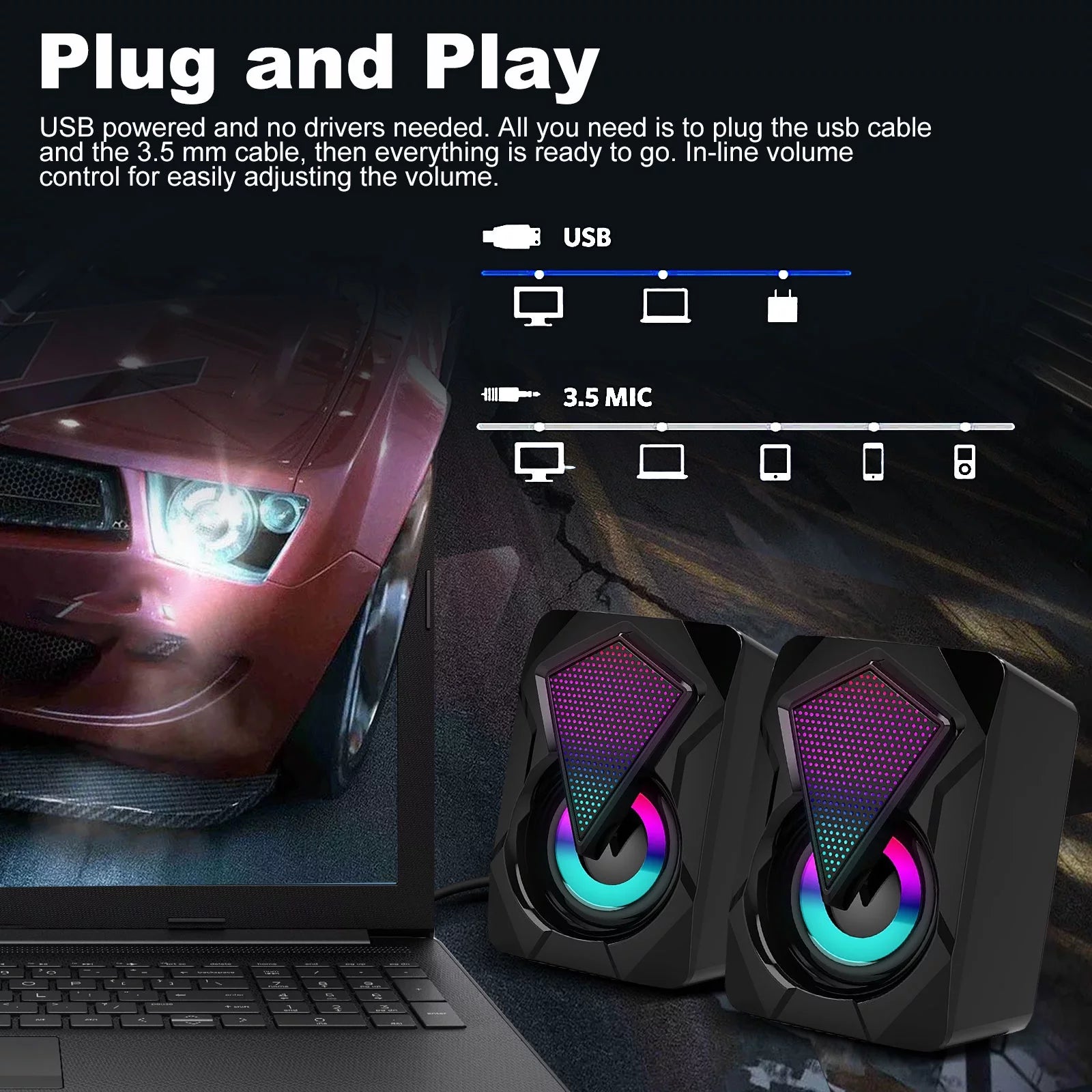 Gaming Computer Pc Speakers 2.0 Stereo RGB With Surround Bass 7 Colors LED Lights Usb-Powered 3.5Mm Wired 