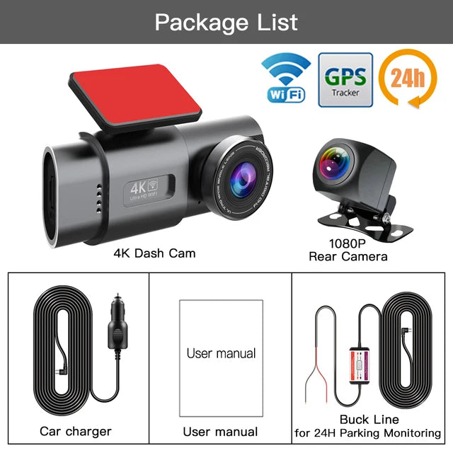 4K UHD Dash Cam UHD 1080P Dual Lens Video Car Recorder with Wifi HD IR Night Vision Sensor Camcorder DVR Dashcam