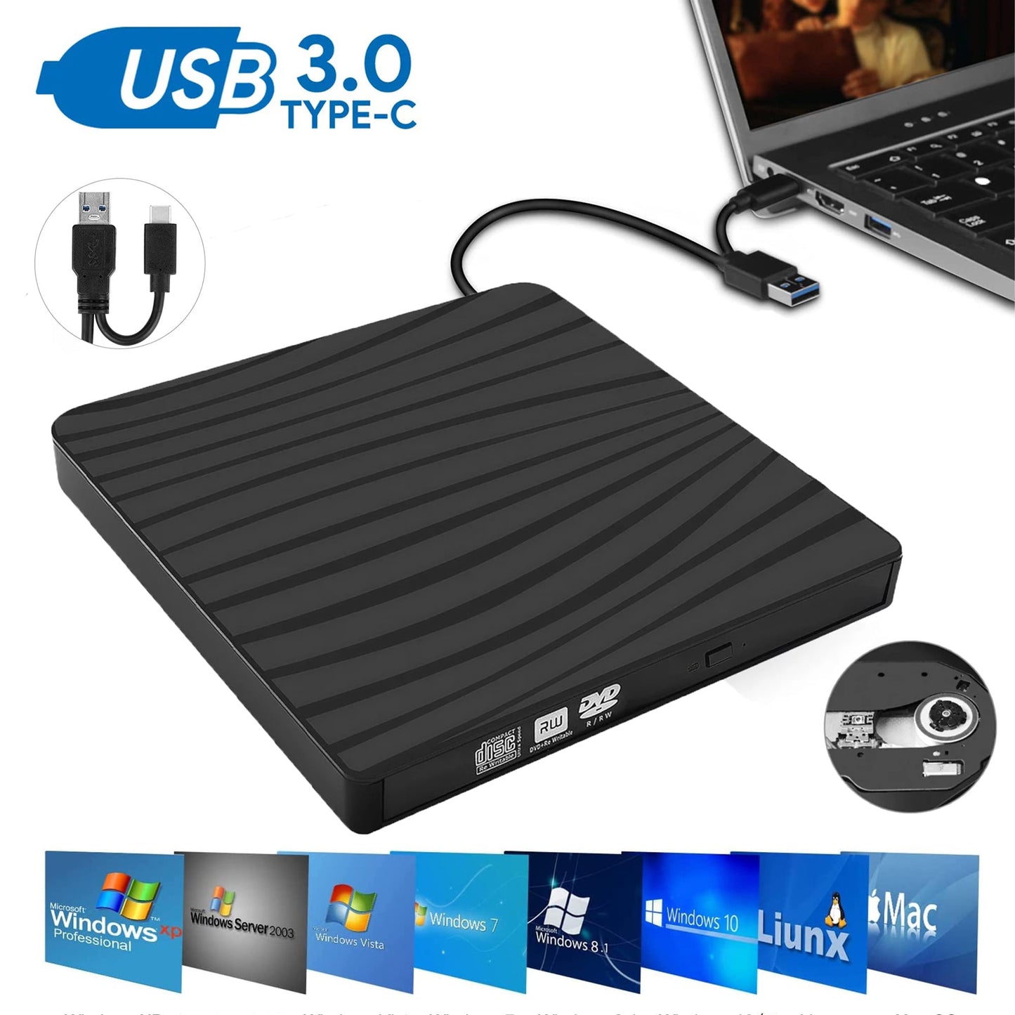 External DVD Drive,  USB 3.0 Type-C Portable CD/DVD+/-RW Drive/Dvd Player for Laptop, CD Burner Compatible with Desktop PC Laptop Windows Linux OS Apple Mac