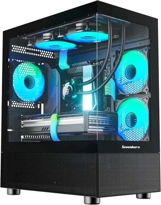 Sevenhero EMBL Micro-Atx Gaming Computer Case, Matx PC Case, Chassis with 3X 120Mm ARGB Fans, Dual-Chamber Design, Supports 280Mm Radiators, 330Mm GPU, Panoramic Tempered Glass Panels, Black