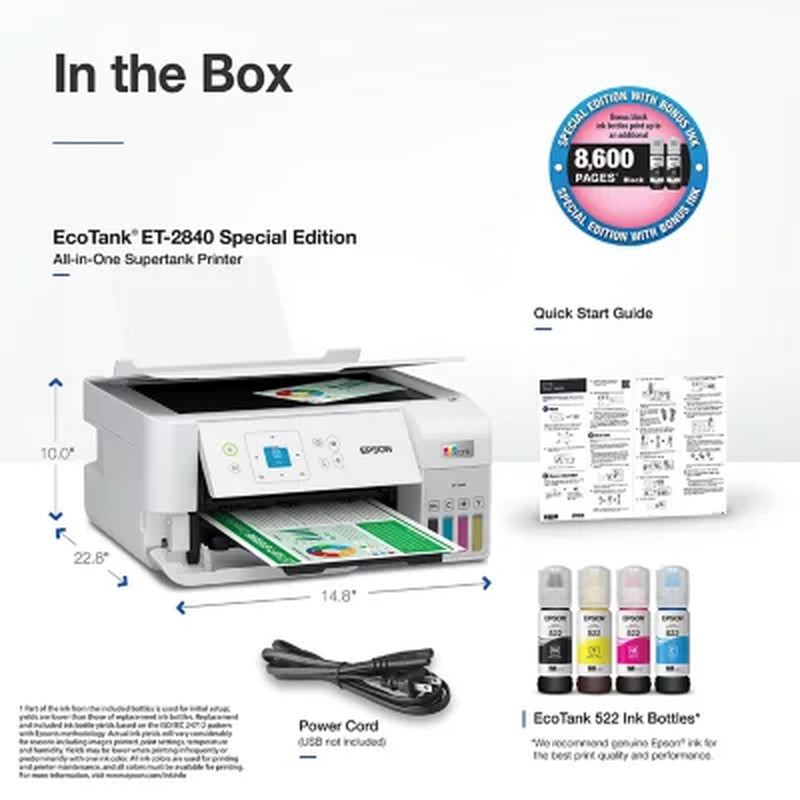 Epson Ecotank ET-2840 Special Edition All-In-One Inkjet Printer C11CK58201 Ink Included